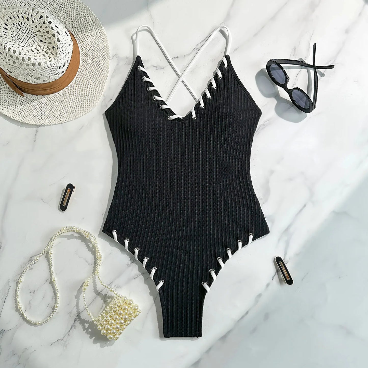 Black White Stitch Design One Piece Swimsuits Closed Women's Swimwear Push Up For Swimming Wear Body Bathing Suits Beachwear Pool Bather