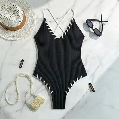 Black White Stitch Design One Piece Swimsuits Closed Women's Swimwear Push Up For Swimming Wear Body Bathing Suits Beachwear Pool Bather