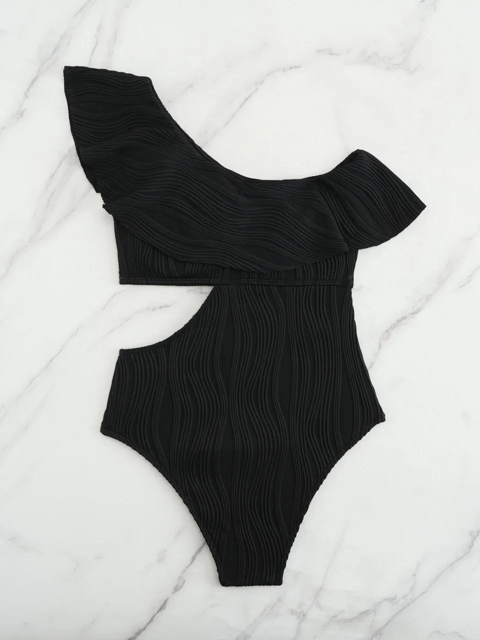 One Shoulder Solid Swimsuit Women One Piece Ruffle Ribbed Swimwear Female Hollow Bathers Bathing Swimming Suit Padded Beachwear