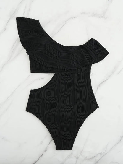 One Shoulder Solid Swimsuit Women One Piece Ruffle Ribbed Swimwear Female Hollow Bathers Bathing Swimming Suit Padded Beachwear