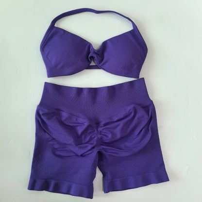 2PCS Gym Set Women Strappy Yoga Bra Top High Waist Workout Scrunch Shorts Sports Suit Seamless Yoga Set Fitness Clothes
