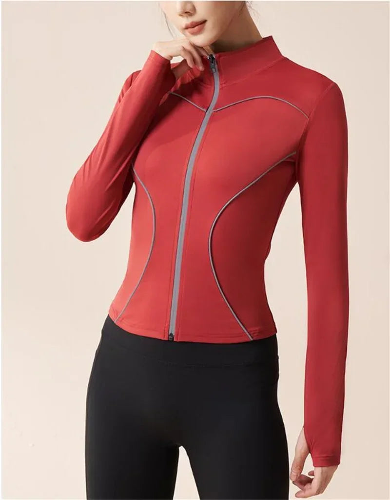Aiithuug Reflective Stripe Safe Night Run Yoga Jackets Thumbhole Slim Fit Yoga Jacket Long Sleeve Sports Jacket Gym Jacket Women