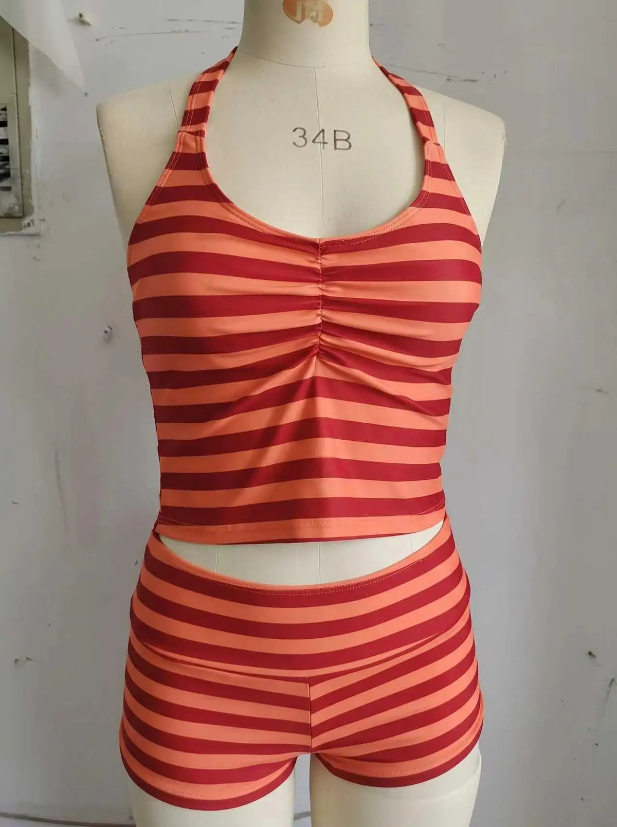 Striped Halter Tankini Set – 2-Piece Ruched Top & Boyshort Swimsuit