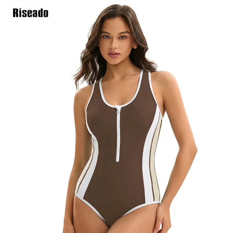 Athletic Swimsuit Women One Piece Bathing Suit Zipper Front Lap Swimwear for Women