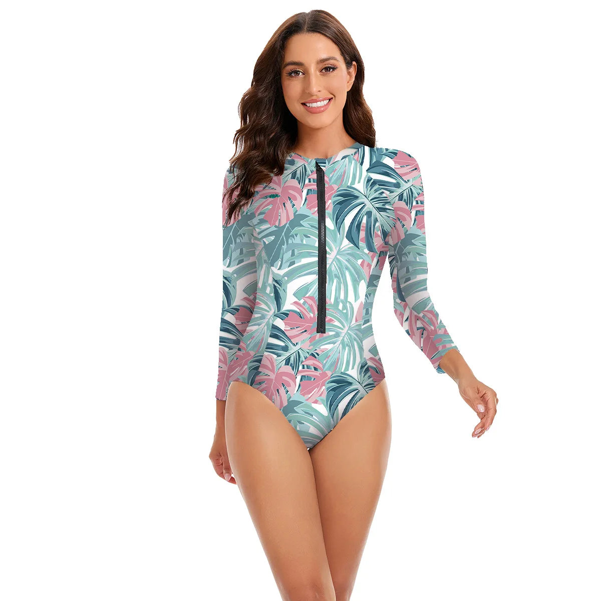 Womens Athletic One Piece Swimsuits Rashguard Long Sleeve Swimsuit Sports Surfing Swimwear Bathing Suits Printed Half Zipper XXL