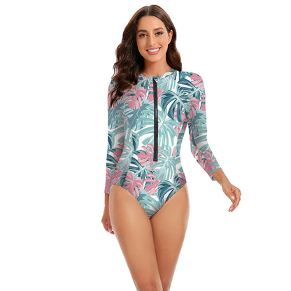 Womens Athletic One Piece Swimsuits Rashguard Long Sleeve Swimsuit Sports Surfing Swimwear Bathing Suits Printed Half Zipper XXL