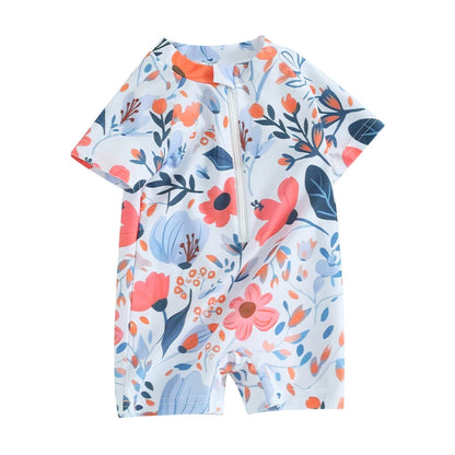 Toddler Girls Rash Guard Swimsuit Rompers Zipper Short Sleeve Floral Print Kids Bathing Suit Baby Swimwear