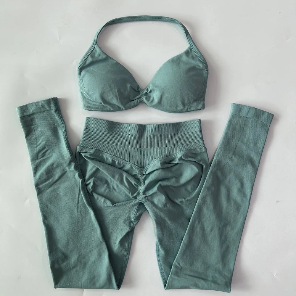 2 Pieces Set For Woman Strappy Yoga Bra Sports Top Workout Leggings Set Seamless Gym Set Fitness Clothes Outfit Activewear