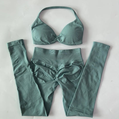 2 Pieces Set For Woman Strappy Yoga Bra Sports Top Workout Leggings Set Seamless Gym Set Fitness Clothes Outfit Activewear