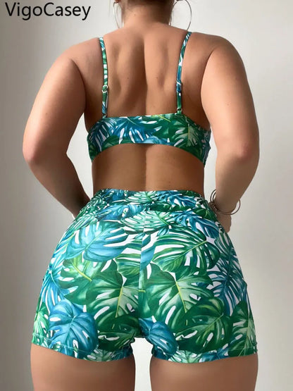 Leaf Print Swimwear Women Strapped Push Up Bikini High Waist Brazilian Swimsuit Lady Beach Summer Bathing Suit