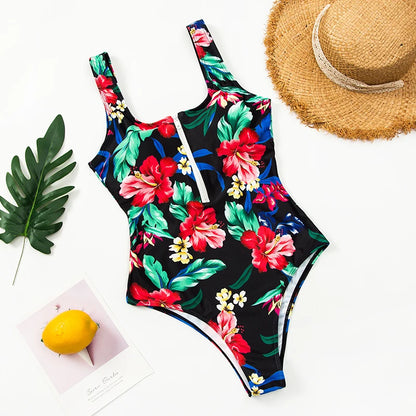 Multi Designs Color Printed Zipper Swimsuit One Piece Swimwear Women Floral Bathers Bathing Swimming Swim Suit Female Beachwear