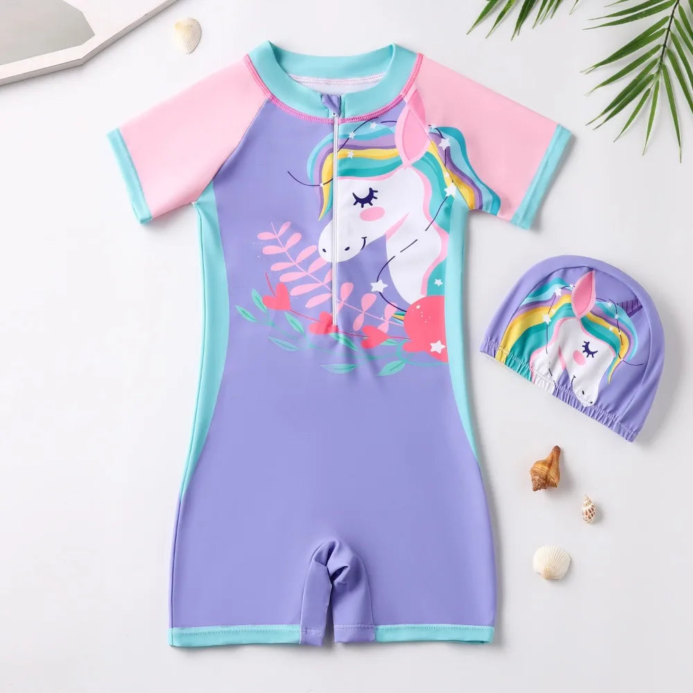 UV Baby Girl Swimsuit One Piece Swimming Jumpsuit Unicorn Bathing Suit SPF 50 Short Sleeve Kids Swimwear for Girls 2-12 Years