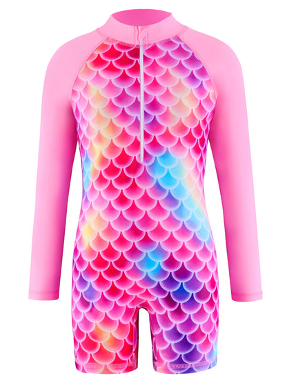 Boyleg Shorts Swimming Suit Kids One-Piece Long Sleeve Swimwear 3D Scale Print Pink Color Beach Swimsuit Girls Summer Clothes