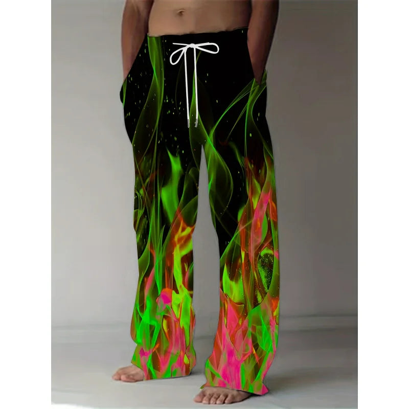 Men's Casual Pants Dynamic 3D Flame Print Straight Leg Casual Pants Waist Retro Style Street Wear