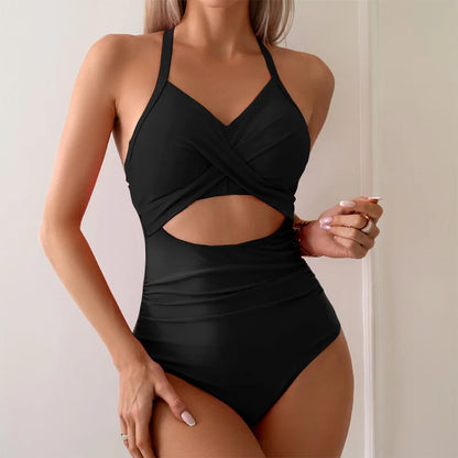 solid jumpsuit women bikini set waist hollowed out swimsuit women fashion cross back swimsuit women