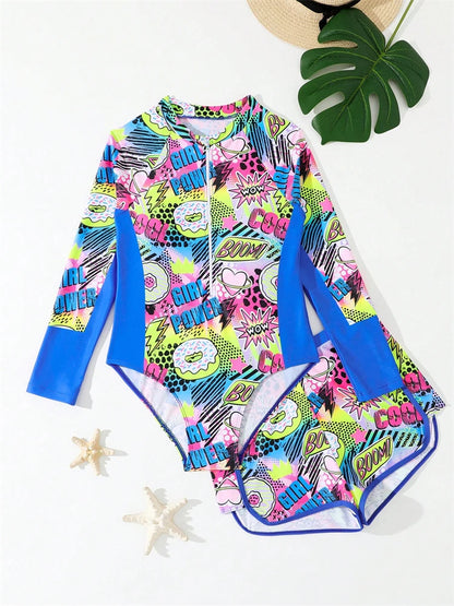 Two Piece Swimsuit Girls Kids Print Long Sleeve Zipper Children Swimwear Summer Bodysuit Shorts Bathing Suits Swimming