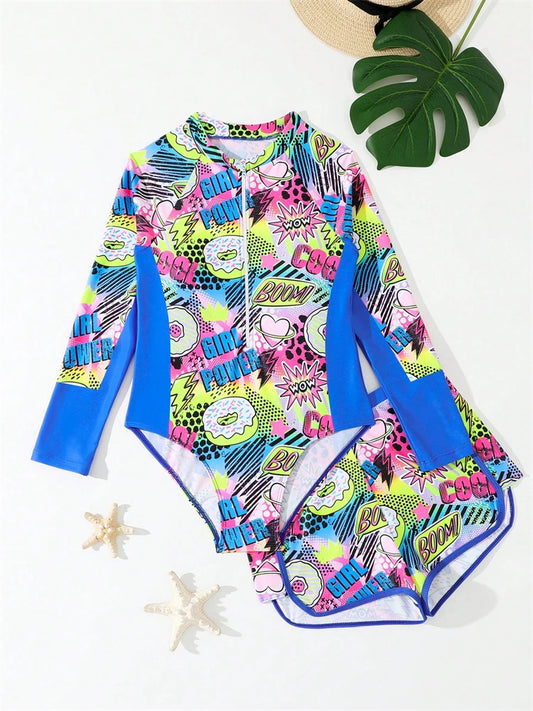 Two Piece Swimsuit Girls Kids Print Long Sleeve Zipper Children Swimwear Summer Bodysuit Shorts Bathing Suits Swimming