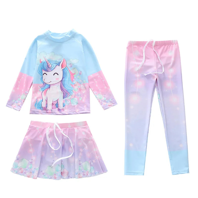 Swimsuit for Children Long Sleeve Rash Guard Swim Skirt and Surf Pant Set Sunscreen UV Protection Beach Kids Bath Clothes Girl