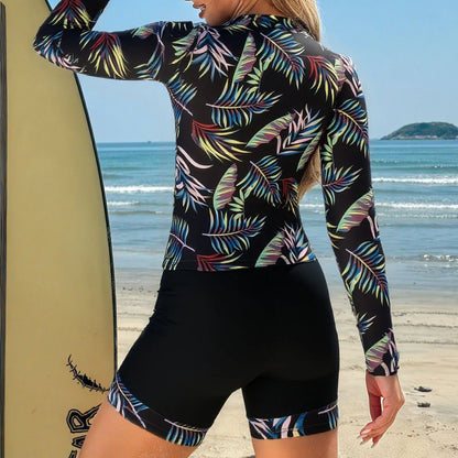 Women's Swimwear Rash Guard Long Sleeve Zipper Surfing Swimsuit Sports Surfing Tankini Set Beachwear Two-Piece Bathing Suits