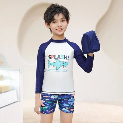 Children's Quick-Drying Swimsuit with Swim Cap, Boy's Long Sleeve Sunscreen Split Swimwear, Sun Protection Beach Clothes