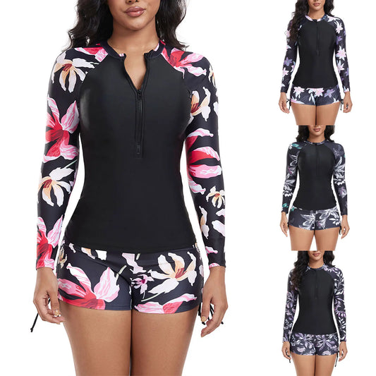Womens Swim Sets Floral Print Rash Guard Swimsuit Long Sleeve Top and Side Drawstring Boyshort Shorts Beach Diving Bathing Suit