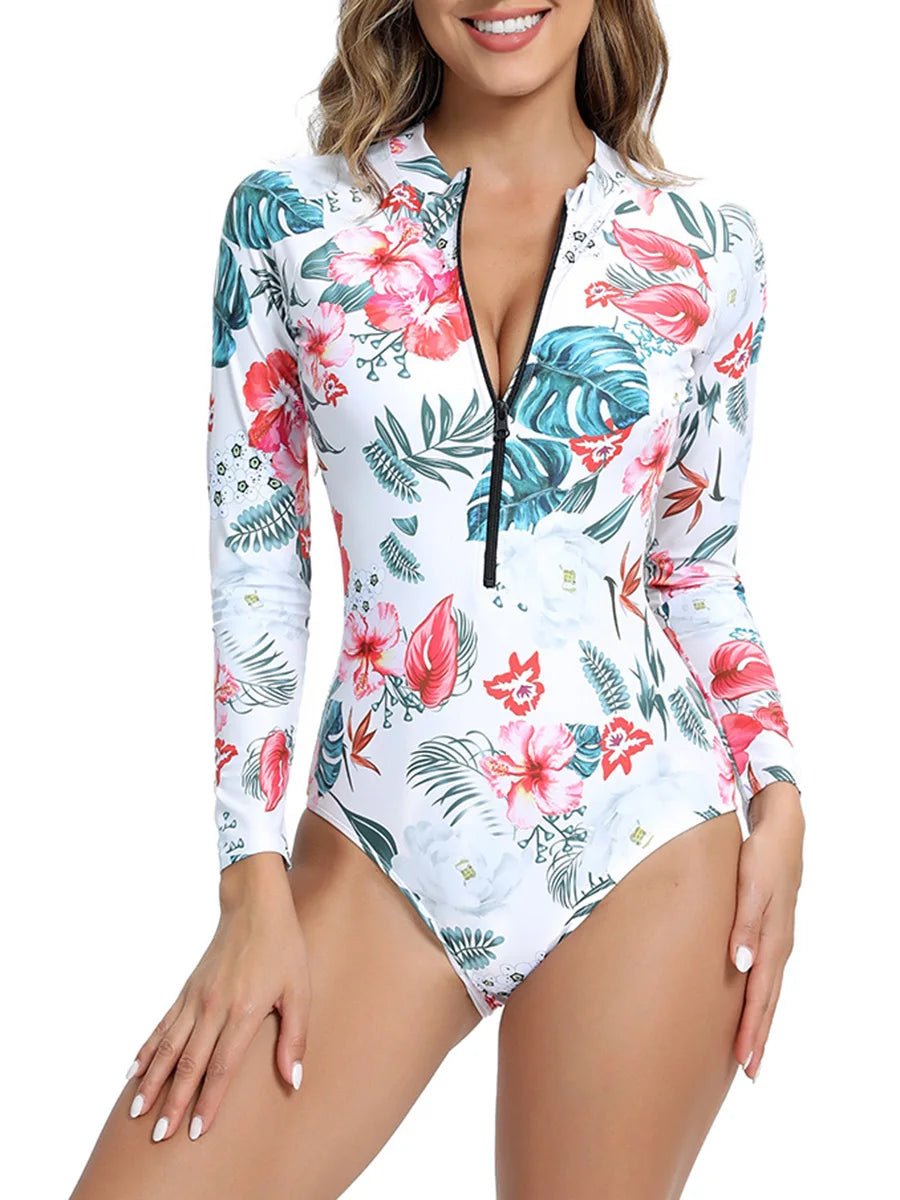 Floral Printed Long Sleeve Surfing Swimsuit With Zipper Women Swimwear Female Bathers Bathing Swimming Swim Suit Beachwear