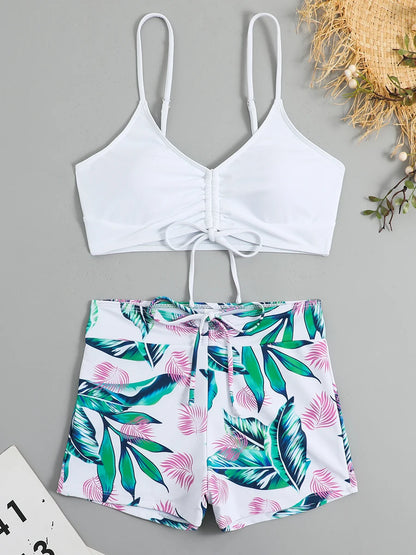 Drawstring Front Shorts Bikinis High Waist Swimsuit Women Swimwear Female Bathers Bathing Swimming Swim Suit Beachwear