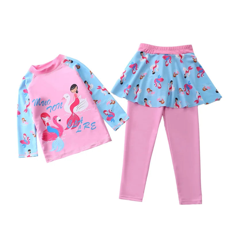 Unicorn Mermaid Kids Swimwear for Girls Long Sleeve Rash guard Pants Leggings Modest Children's Swimsuit Bathing Suit Beach Wear
