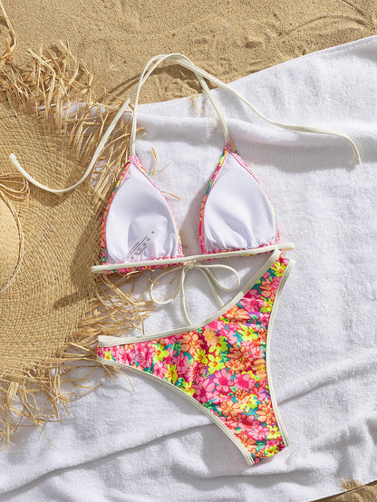Pink Floral Print Micro Bikini Women Front Tie Push Up Bra Thong Swimsuit Beach Bathing Suit Vacation Swimwear Biquini
