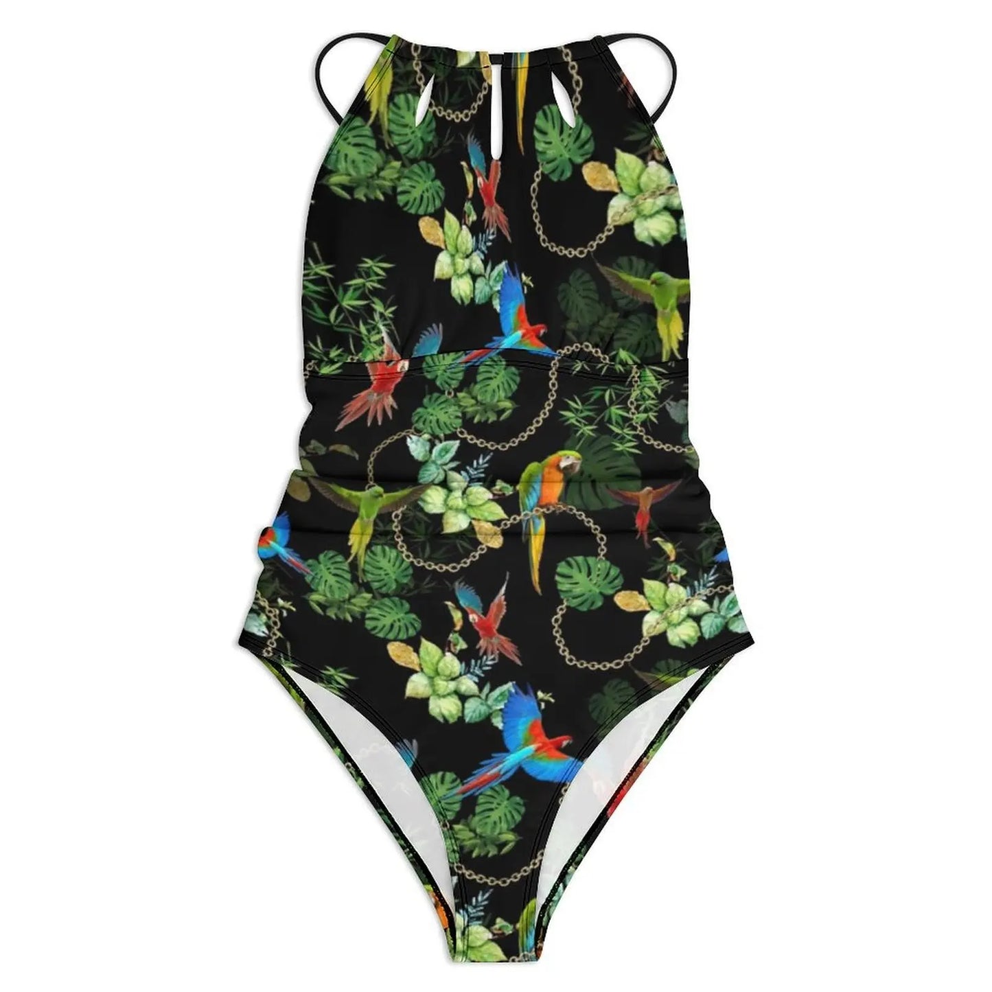 Gold Chains Print SwimsuitTropic Parrots Female Swimwear One Piece Vintage Swimsuits Beach Push Up Cut Out Bathing Suits