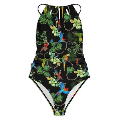 Gold Chains Print SwimsuitTropic Parrots Female Swimwear One Piece Vintage Swimsuits Beach Push Up Cut Out Bathing Suits