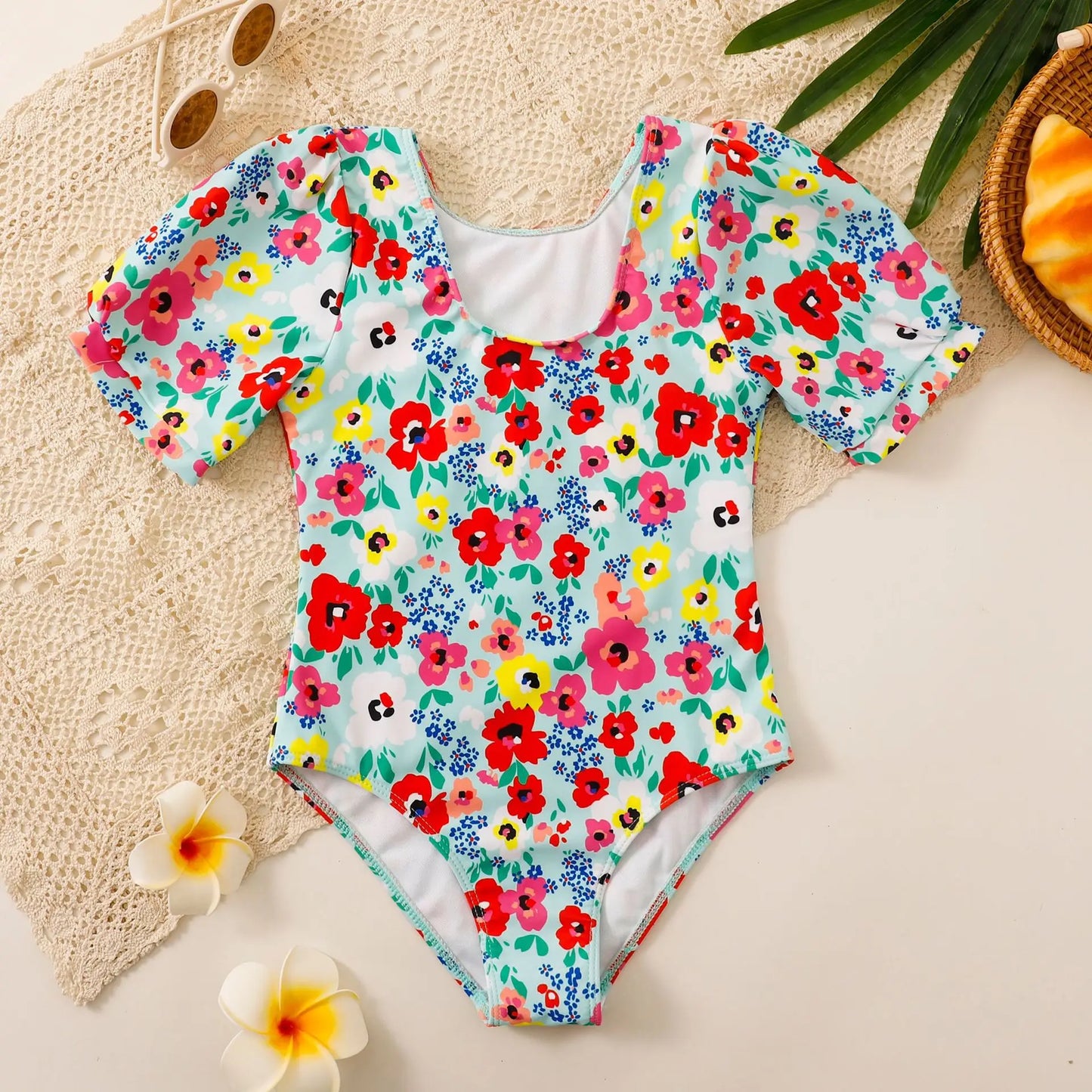 Retro Teenage Girls One Piece Swimsuit 7-12 Years Kids Swim Suit Short Sleeve Swimwear Beachwear Children's Bathing Suits Summer