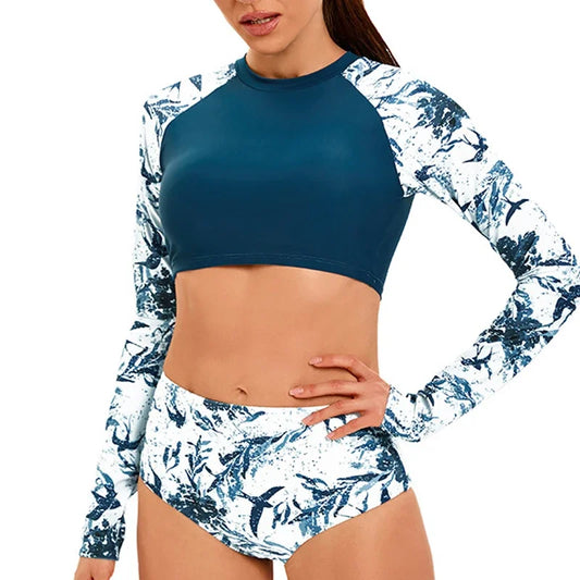 Long Sleeve Print Swimsuit Women 2-Piece High Waist Surfing Suit Bikini Round Neck Bathing Suit Summer Beach Swimwear