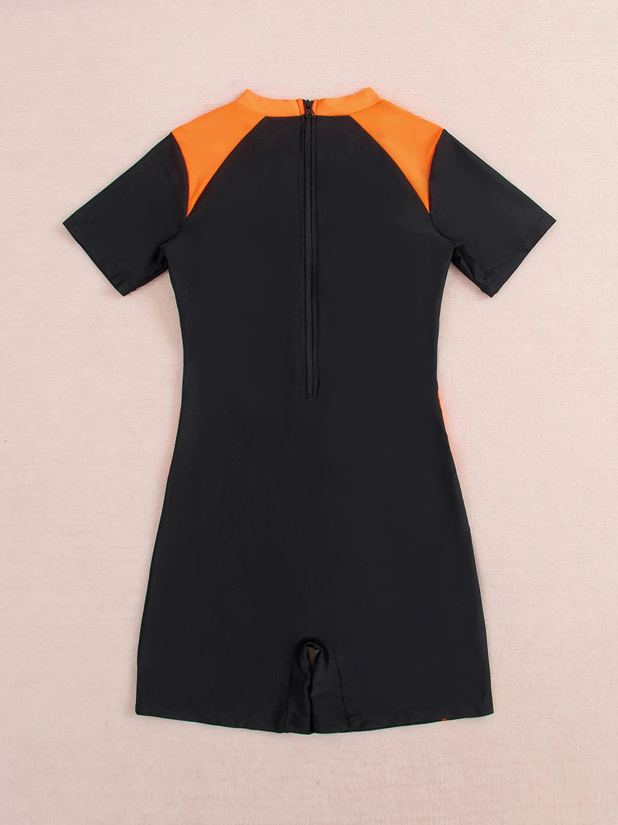 Surf Swimsuit Short Sleeve Printed Swimwear Women Zipper Two Pieces Rashguard Diving Clothes Bathing Swimming Swim Suit