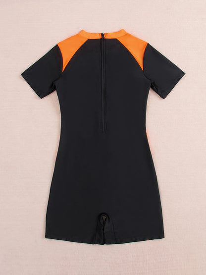 Surf Swimsuit Short Sleeve Printed Swimwear Women Zipper Two Pieces Rashguard Diving Clothes Bathing Swimming Swim Suit