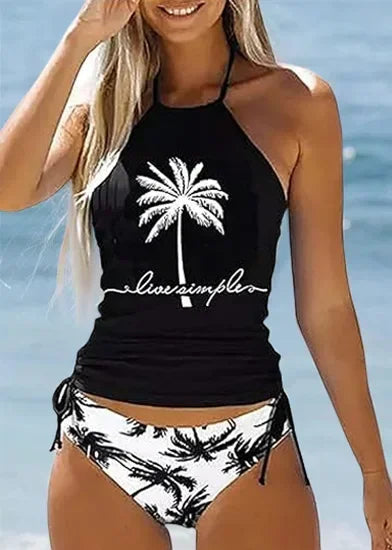 Coconut Tree Print Drawstring Ruched Halter Tankini Set Women 2pcs Clothes Suit Spring Summer Bikini Swimwear Bathing Clothing