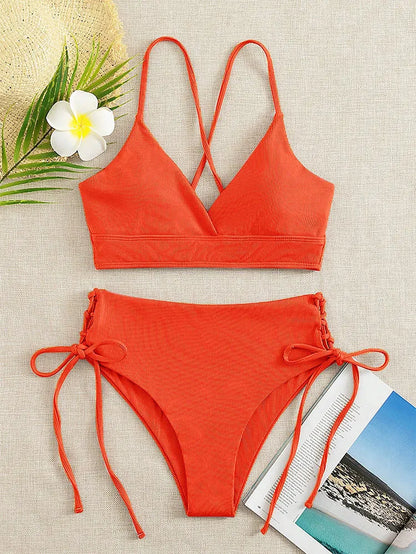V-Neck Split Bikini Set for Women, Swimsuit, Lace Up, Triangular Bikinis, Solid Color, Beach Swimwear, Bathing Suit