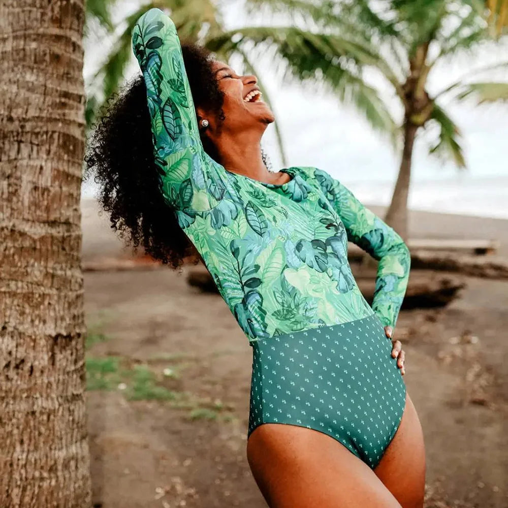 Surfing Sport Long Sleeves Swimsuit For Women Floral Printed High Quality Swimwear Patchwork Bathing Suit Tropical Summer