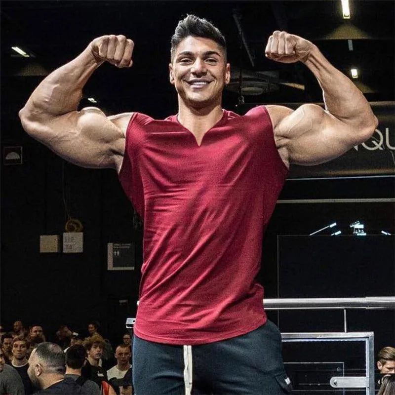 Cotton V-neck Fitness Tank Top Men Summer Muscle Vest Gym Clothing Bodybuilding Sleeveless Shirt Workout Sports Singlets