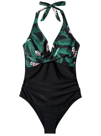 Halter Swimsuit Women One Piece Printed Cross Smocked Swimwear Female Bodysuit Bathing Swimming Suit Padded Beachwear