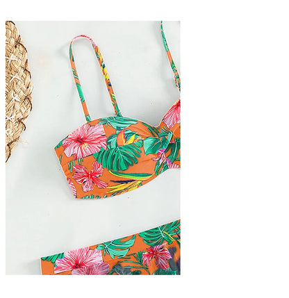 Cikini-Women's Tropical Print Push Up Bikinis Set, Swimsuit with Beach Skirt, Swimwear, Summer Bathing Suit