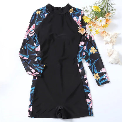 One Piece Swimsuit Women Floral Long Sleeve Swimwear Zipper Surfing Monokini Push Up Body Suit Beachwear Bathing Suit Rash Guard
