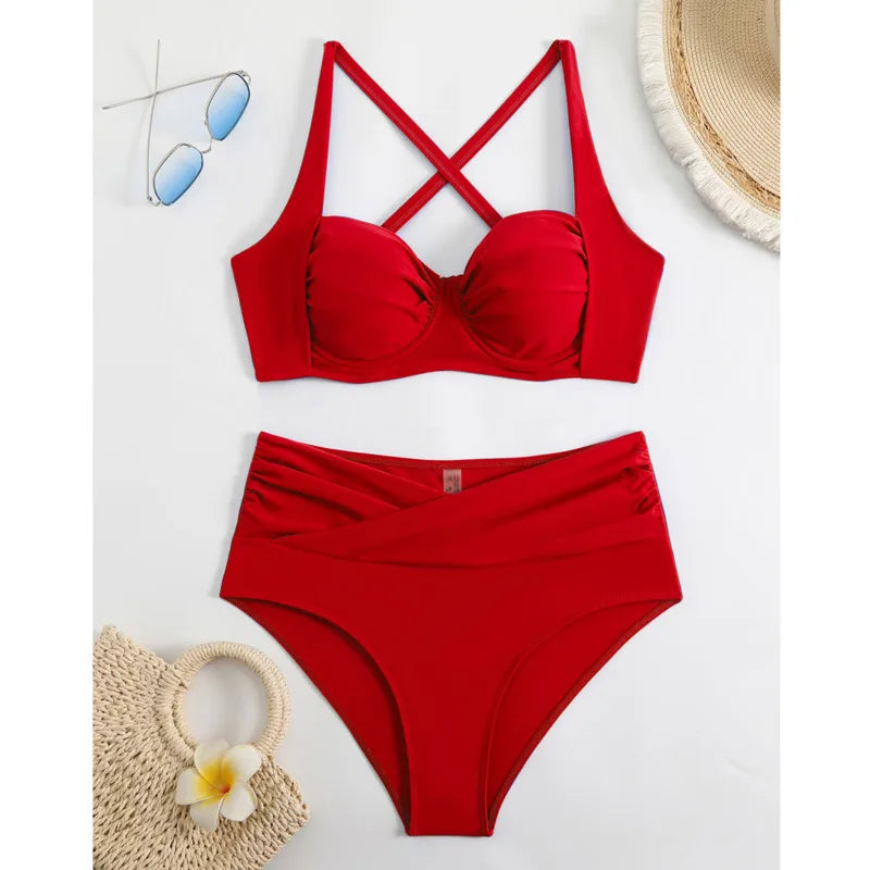 Women's Ruched High-Waisted Underwire Bikini Set