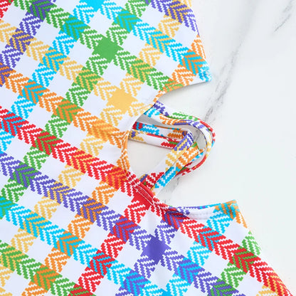 Girls Swimsuit One Piece Rainbow Plaid Kids Swimwear Children's Bathers Bathing Swimming Swim Suit Summer Beachwear