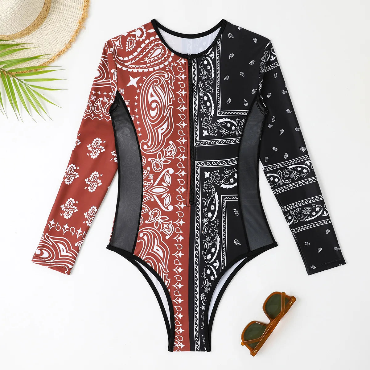 Rash Guard Long Sleeve Swimwear Women Surfsuit  Bikini One-Piece Swimsuit Mesh Patchwork Beach Wear Bath Suits Monokini