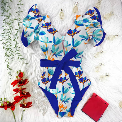 Ruffle Print Floral One Piece Strappy With Belt Swimwear Women Swimsuit Bathing Suit Backless Beachwear Monkini