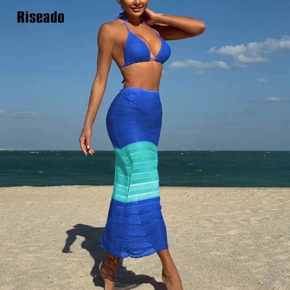 Women's Halter Neck Cut Out 3 Pieces Swimwear Sexy Bikini Set with Mesh Maxi Skirt ,Pool Party Outfit
