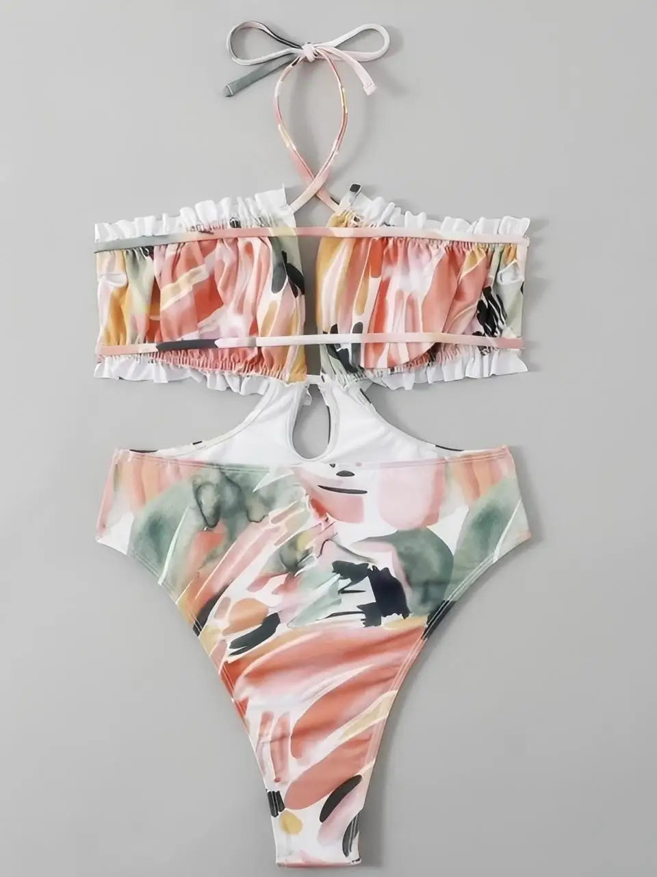 High Cut Out Swimsuit Women One Piece Halter Ruffle Swimwear Female Monokini Bathing Swimming Suit Padded Beachwear