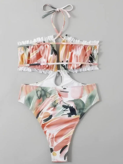High Cut Out Swimsuit Women One Piece Halter Ruffle Swimwear Female Monokini Bathing Swimming Suit Padded Beachwear