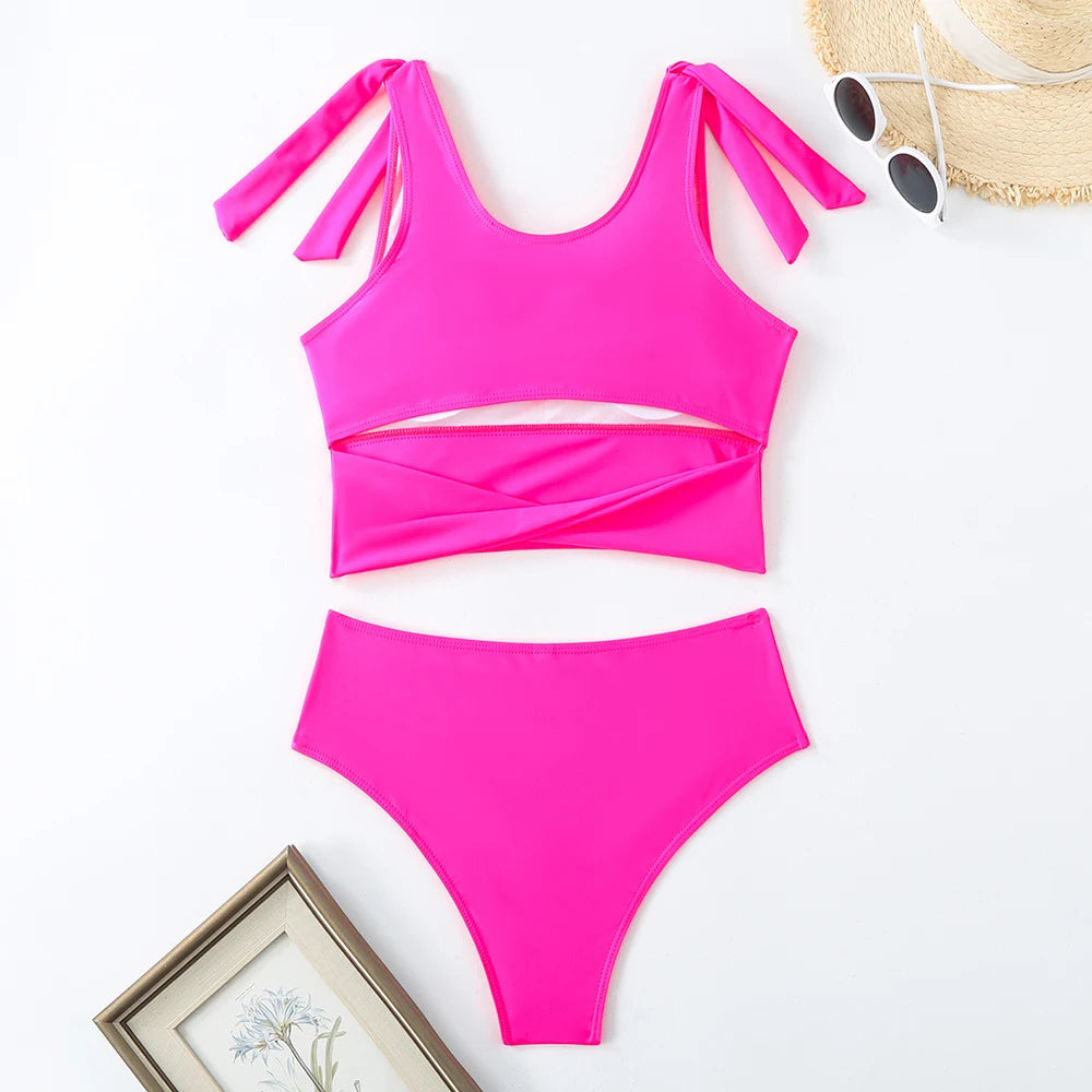 Two Piece String Bikini Hollow Out High Waist Swimwear Female Swimsuit Women Bathers Bathing Swimming Suit Beachwear Summer